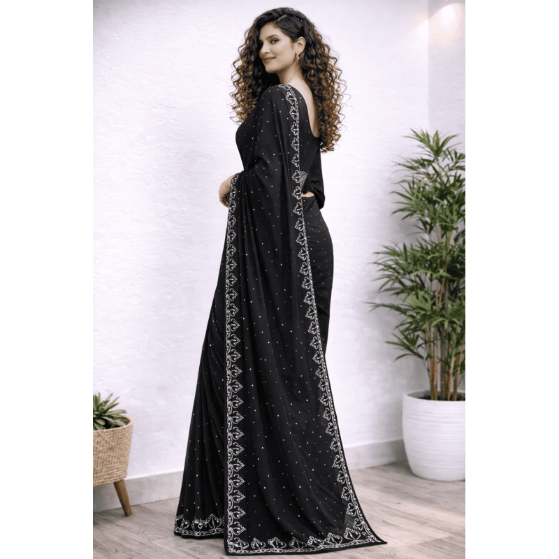 Black Embroidered Party Wear Saree | Elegant Designer Saree with Silver Border