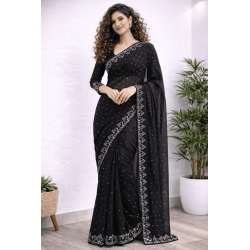 Black Embroidered Party Wear Saree | Elegant Designer Saree with Silver Border