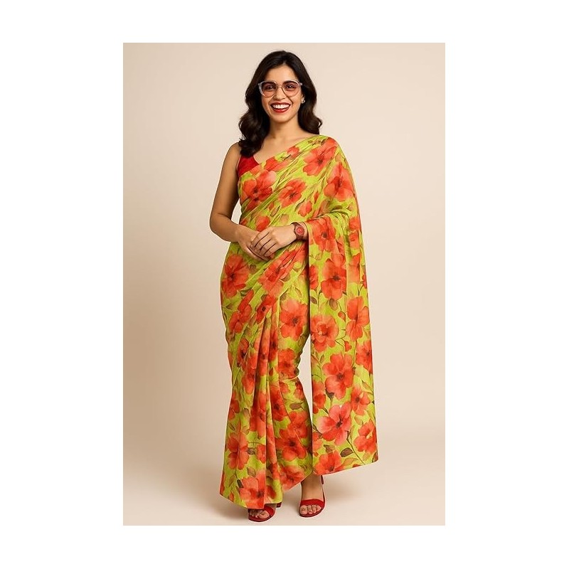 Women’s Green Floral Printed Saree | Lightweight Casual & Party Wear Saree
