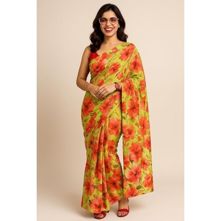 Women’s Green Floral Printed Saree | Lightweight Casual & Party Wear Saree