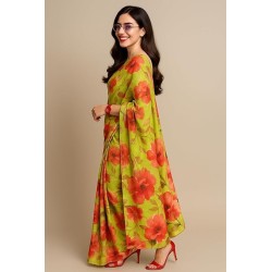Women’s Green Floral Printed Saree | Lightweight Casual & Party Wear Saree