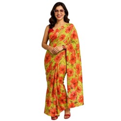Women’s Green Floral Printed Saree | Lightweight Casual & Party Wear Saree