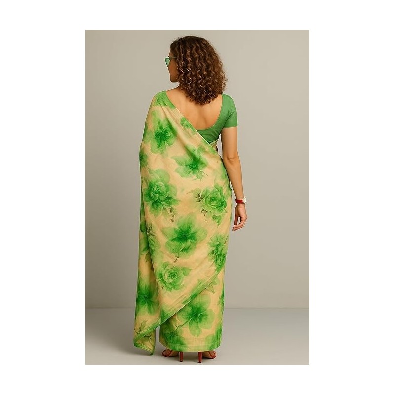 Women’s Green & Beige Printed Saree | Soft Lightweight Casual Wear Saree