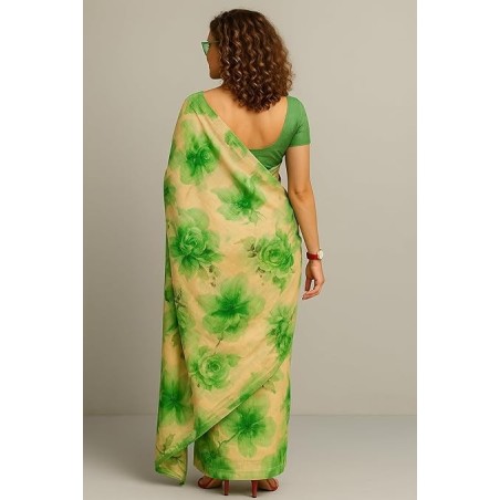 Women’s Green & Beige Printed Saree | Soft Lightweight Casual Wear Saree