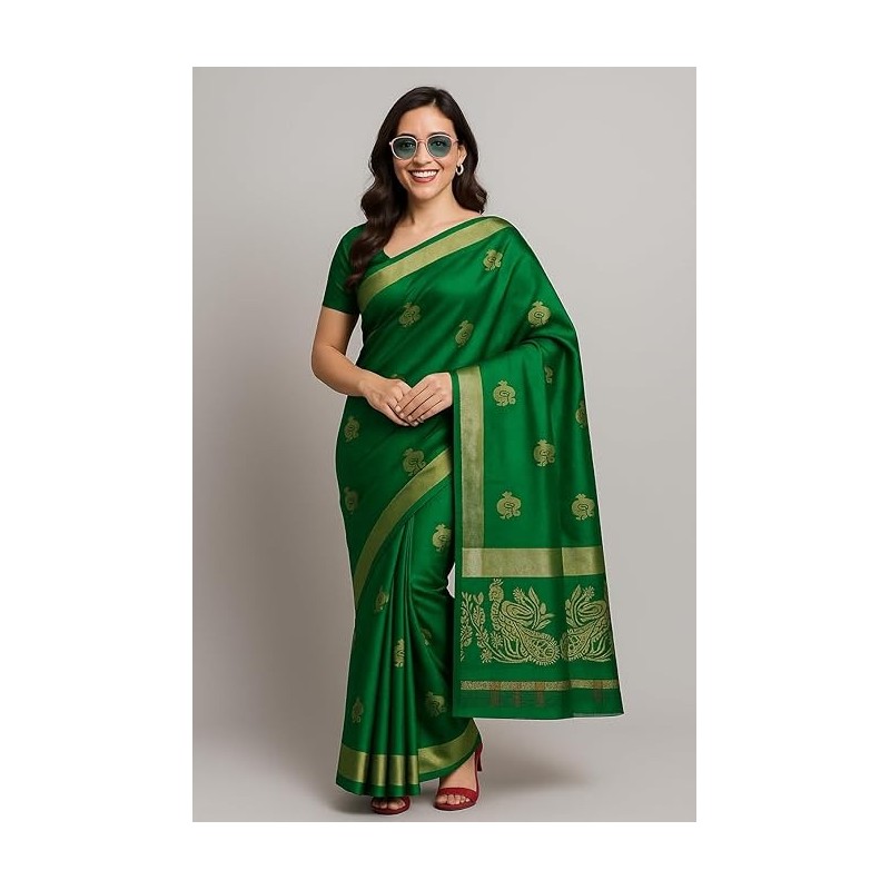 Women’s Dark Green Saree with Golden Border | Festive & Party Wear