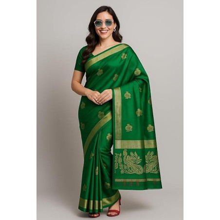 Women’s Dark Green Saree with Golden Border | Festive & Party Wear